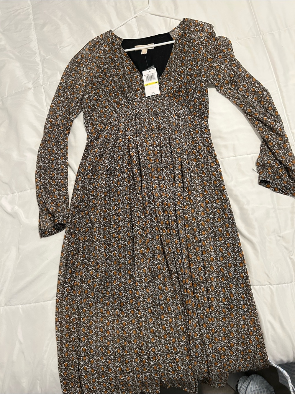 Michael Kors Floral Long Sleeve Midi Dress in Mustard Brown-